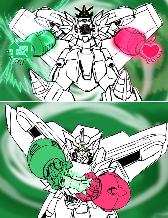 arrow, drill, gaogaigar, glowing_hands, green_background, heart, hell_and_heaven, kin-san_(sasuraiga), lion, mecha, meme, no_humans, super_robot, twitter, yuusha_ou_gaogaigar, yuusha_series