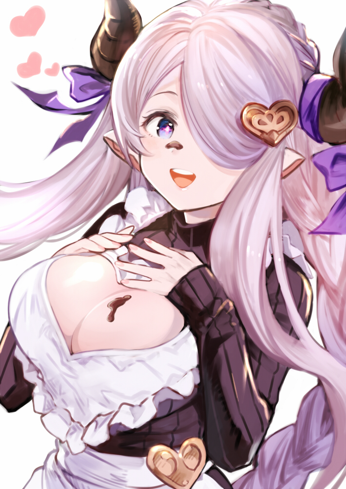 1girl, :d, apron, blue_eyes, braid, breast_suppress, breasts, bright_pupils