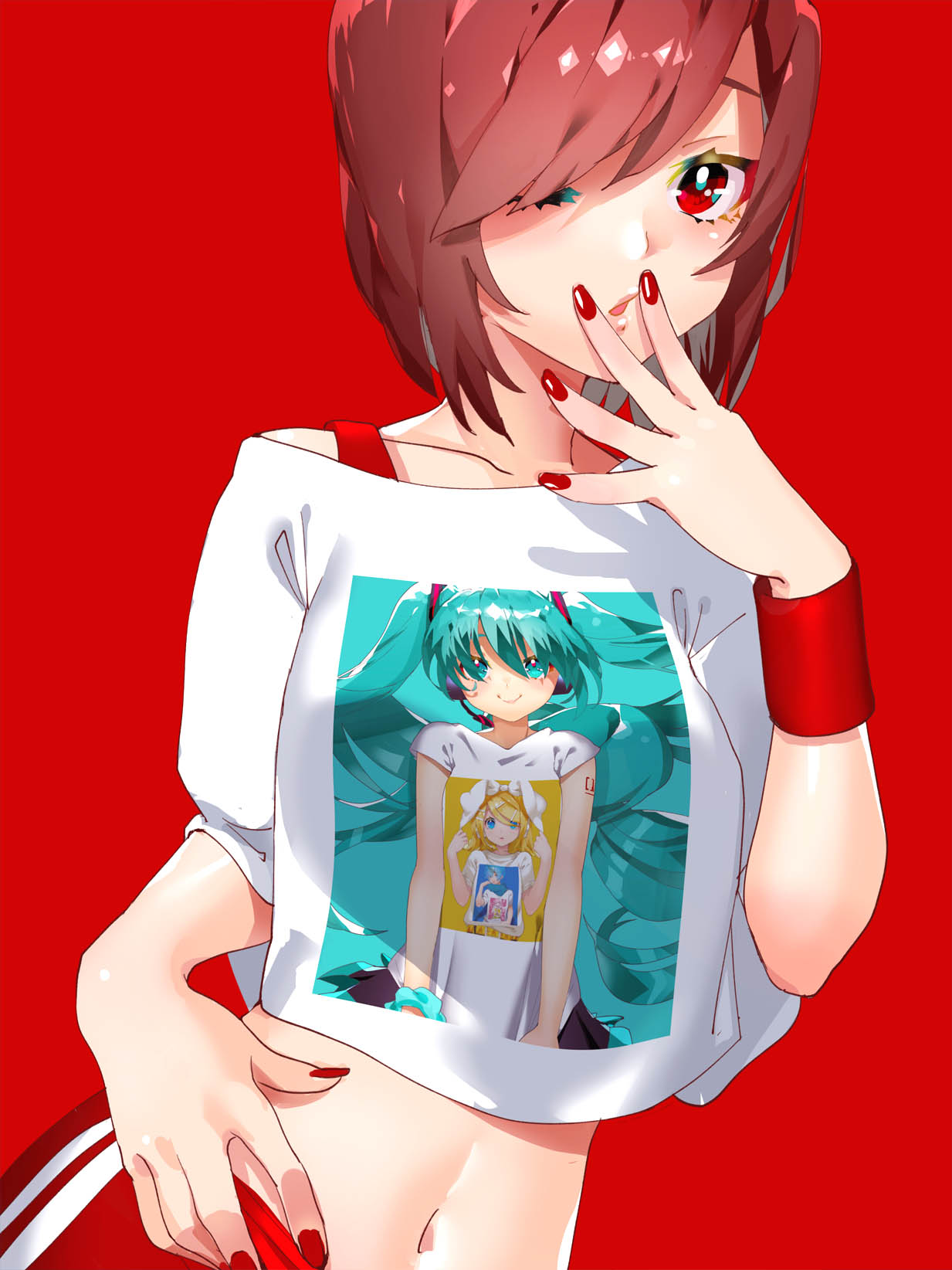 1girl, aqua_hair, belly_button, belt, blonde_hair, blue_eyes, blue_hair, bow