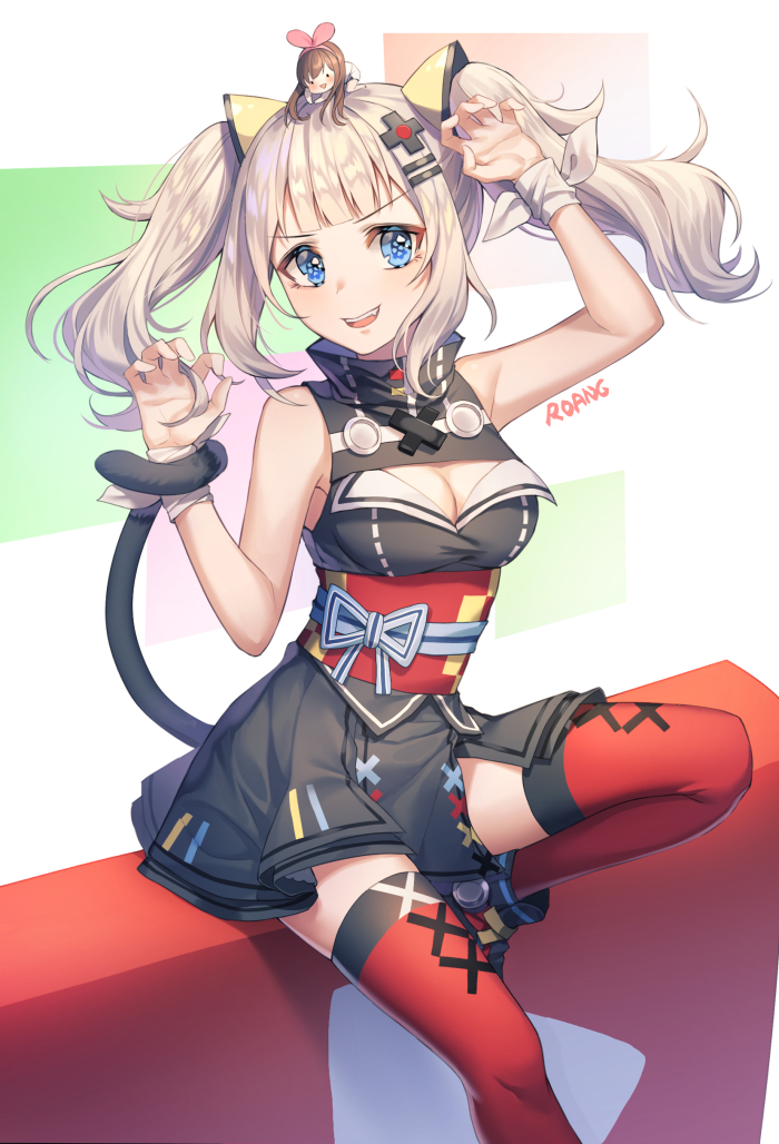 2girls, :d, a.i._channel, arm_up, artist_name, bare_arms, bare_shoulders, black_footwear