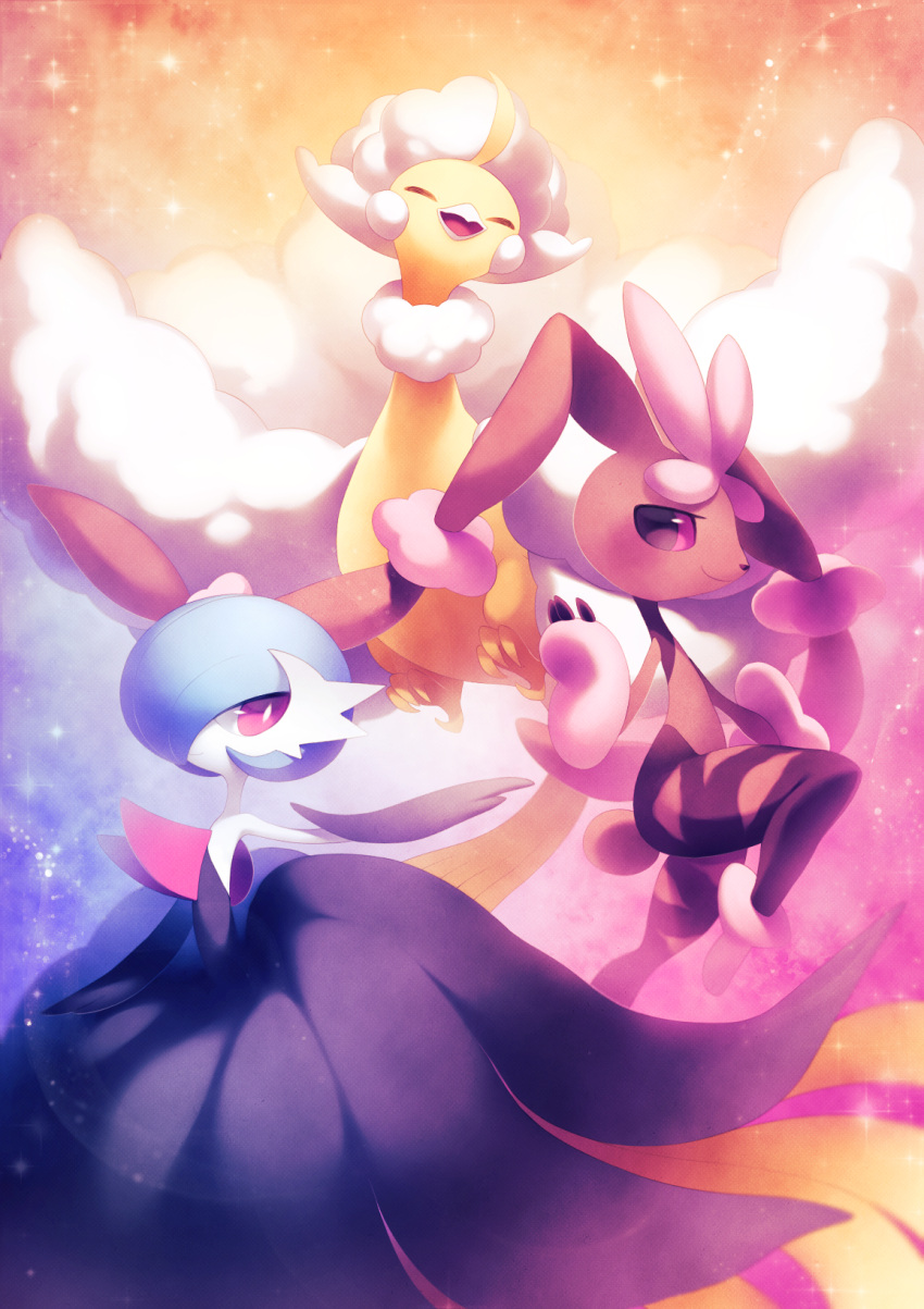 altaria, alternate_color, aqua_hair, arm_up, beak, closed_eyes, clouds, creatures_(company)
