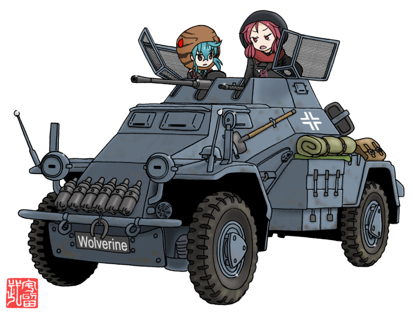 2girls, armored_car, armored_vehicle, artist_logo, artist_name, badge, bag, bangs