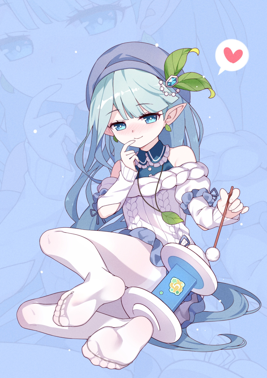 1girl, aran_sweater, bangs, bare_shoulders, benghuai_xueyuan, blue_eyes, blue_hair, blue_shirt