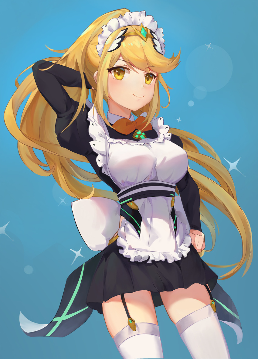 1girl, apron, bangs, blonde_hair, bow, bowtie, breasts, dress