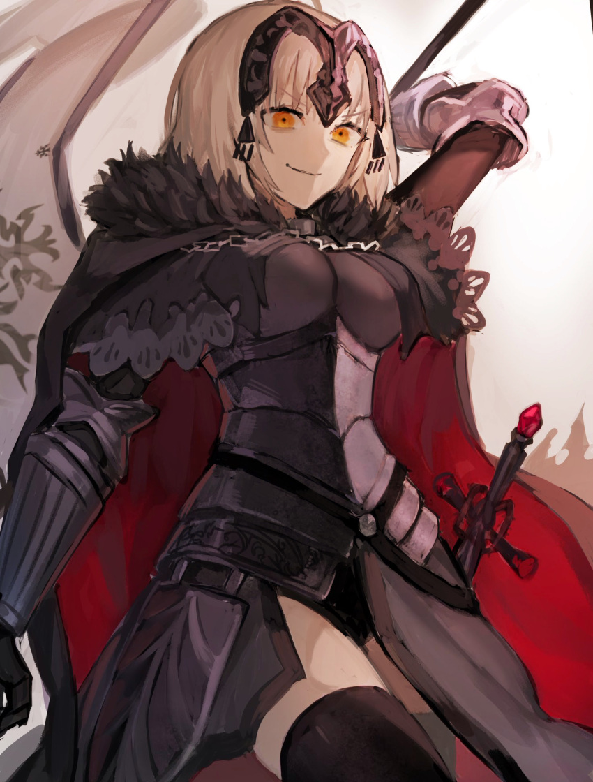 ahoge, armor, armored_dress, bangs, black_dress, breasts, cape, chains