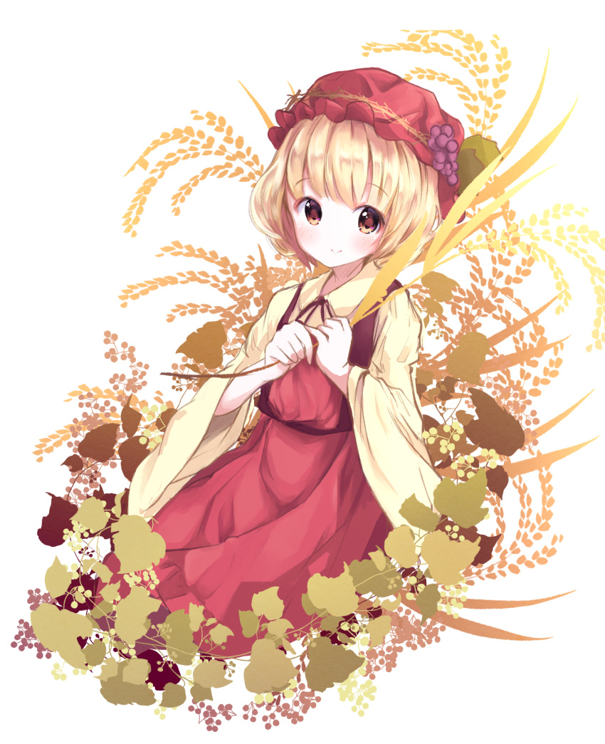1girl, aki_minoriko, apron, bangs, blonde_hair, blush, cropped_legs, eyebrows_visible_through_hair