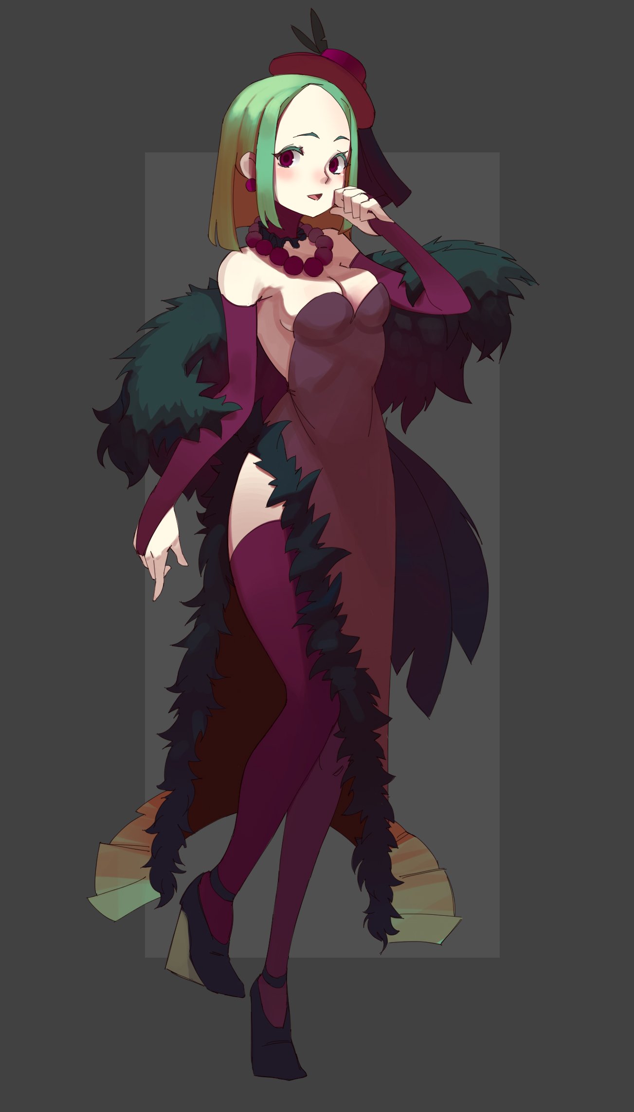 1girl, black_footwear, blush, breasts, bridal_gauntlets, character_request, cleavage, feather_trim, full_body, green_hair, hand_up, hat, high_heels, highres, jewelry, necklace, one_step_from_eden, open_mouth, purple_earrings, purple_hat, purple_legwear, sideboob, smile, solo, standing, thigh-highs, topdylan, violet_eyes