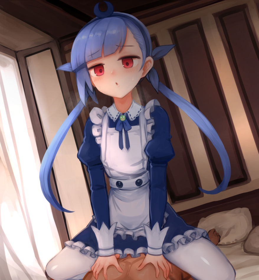 1boy, 1girl, apron, bangs, bed_sheet, blue_dress, blue_hair, blue_hairband