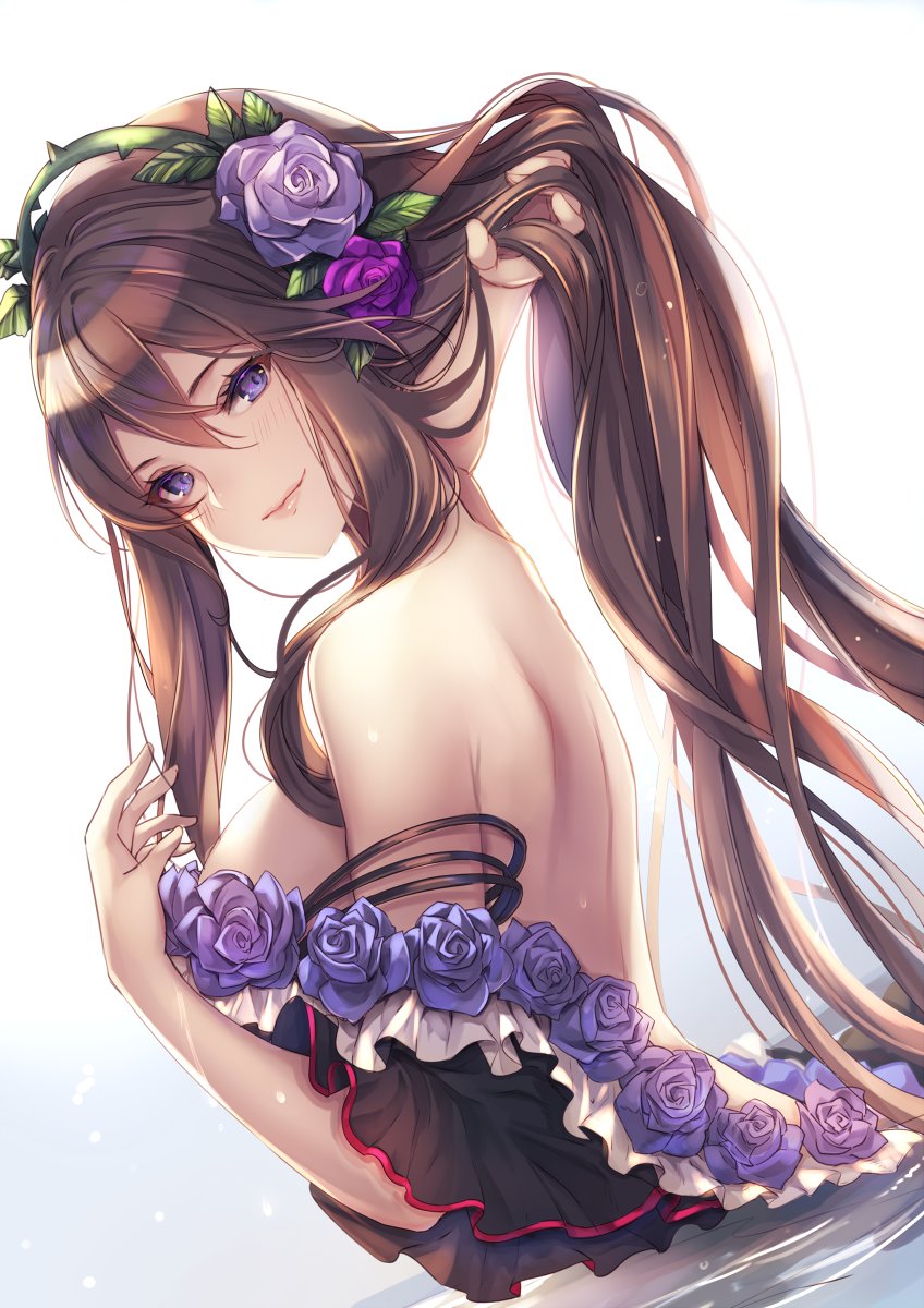 1girl, aoi_(kirabosi105), back, bangs, bare_shoulders, blush, breasts, brown_hair