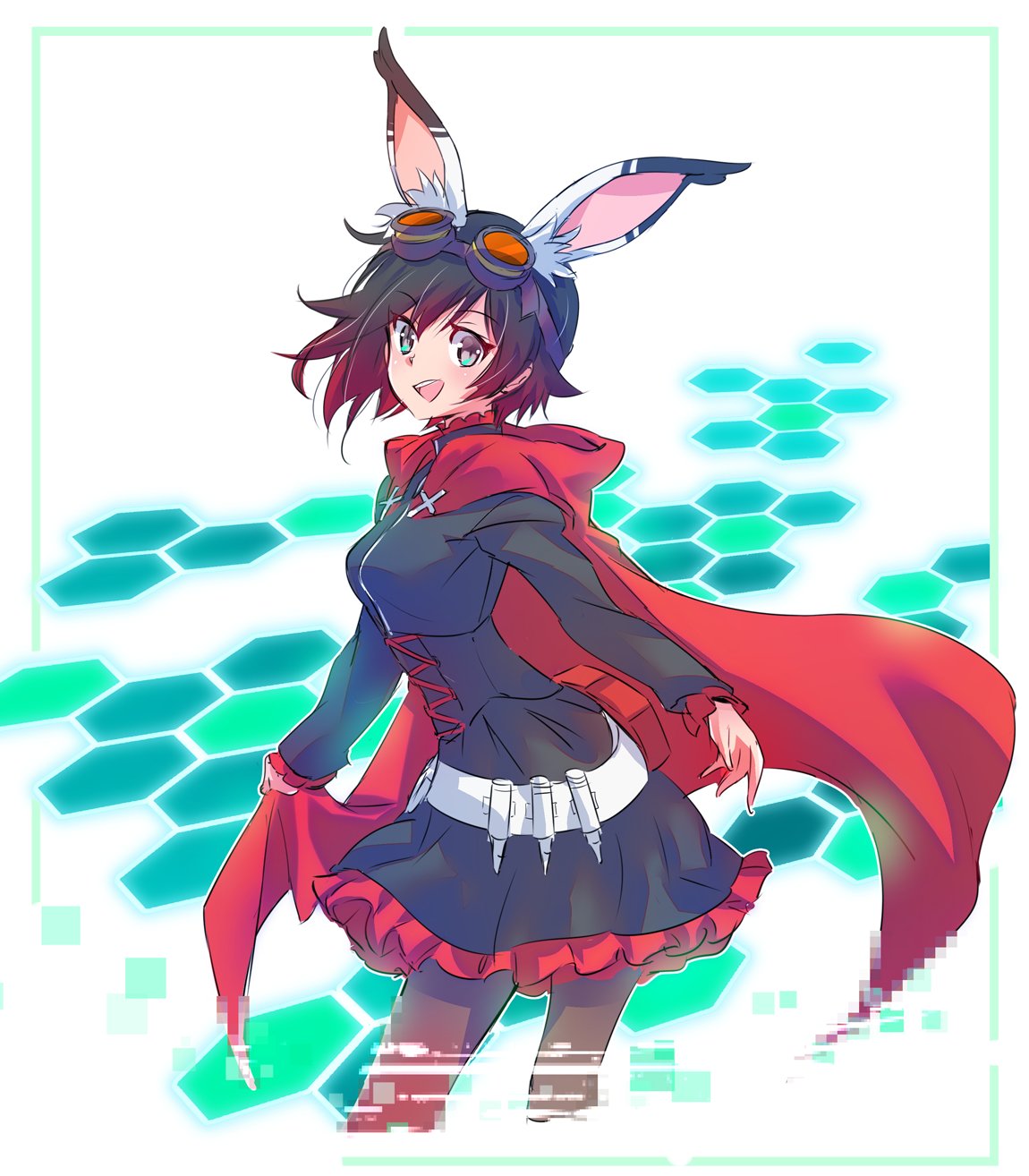 1girl, animal_ears, bandolier, belt, black_dress, black_hair, black_legwear, cameron_maccloud