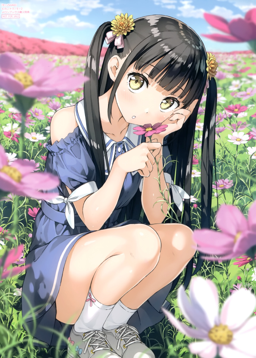 1girl, absurdres, bangs, bare_shoulders, black_hair, blue_dress, blue_sky, blunt_bangs