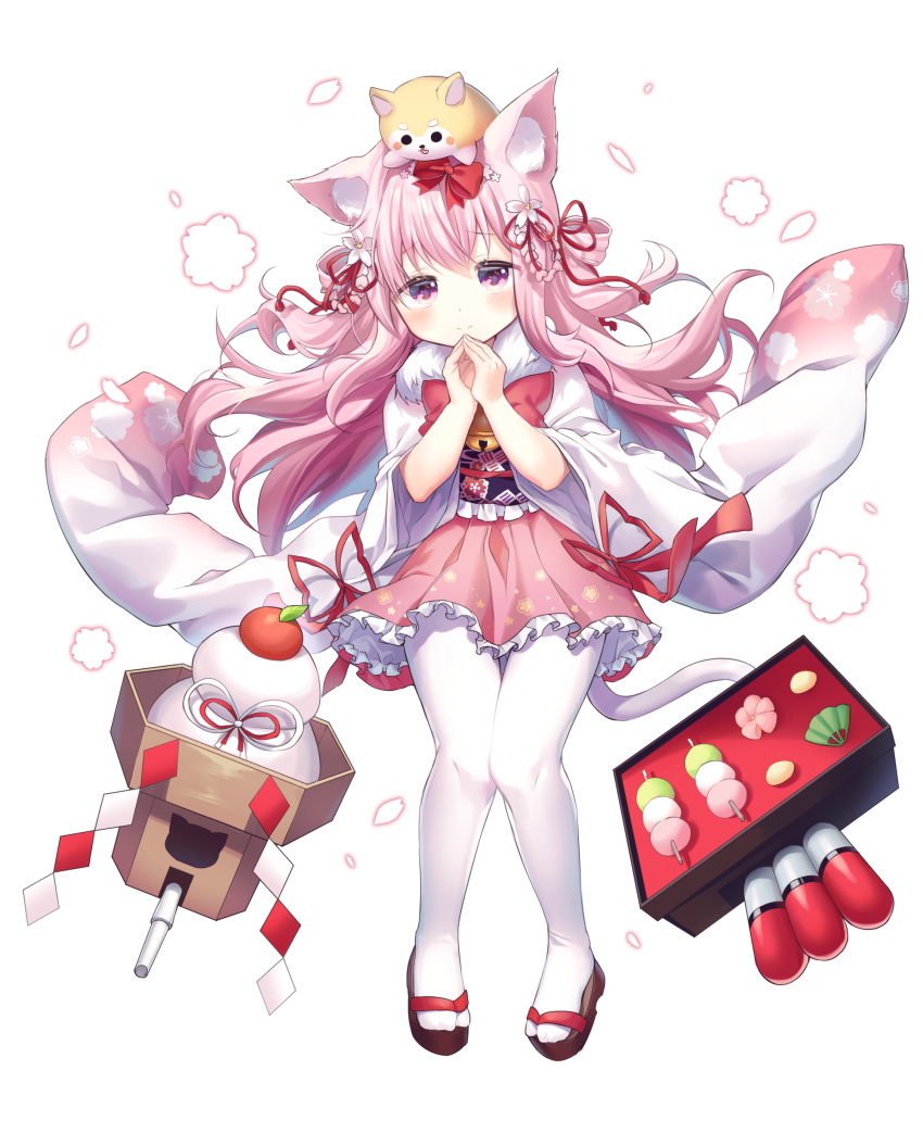 1girl, absurdres, alpha_(ypalpha79), animal_ears, azur_lane, bangs, bell, blush, bow, cat_ears, cat_tail, cherry_blossoms, closed_mouth, commentary, dog, dot_nose, eyebrows_visible_through_hair, eyes_visible_through_hair, floating_hair, floral_print, flower, food, frilled_kimono, frilled_obi, frills, fruit, full_body, fur_collar, hair_between_eyes, hair_bow, hair_flower, hair_ornament, hair_ribbon, hair_rings, hands_up, highres, japanese_clothes, jingle_bell, kimono, kisaragi_(azur_lane), knees_together_feet_apart, long_hair, long_sleeves, looking_at_viewer, mandarin_orange, mochi, obi, orange, own_hands_together, pantyhose, petals, pigeon-toed, pink_eyes, pink_hair, pink_kimono, red_bow, red_ribbon, ribbon, sash, shiba_inu, shide, short_kimono, simple_background, smile, standing, symbol_commentary, tabi, tachi-e, tail, tareme, torpedo, turret, wagashi, white_background, white_legwear, wide_sleeves