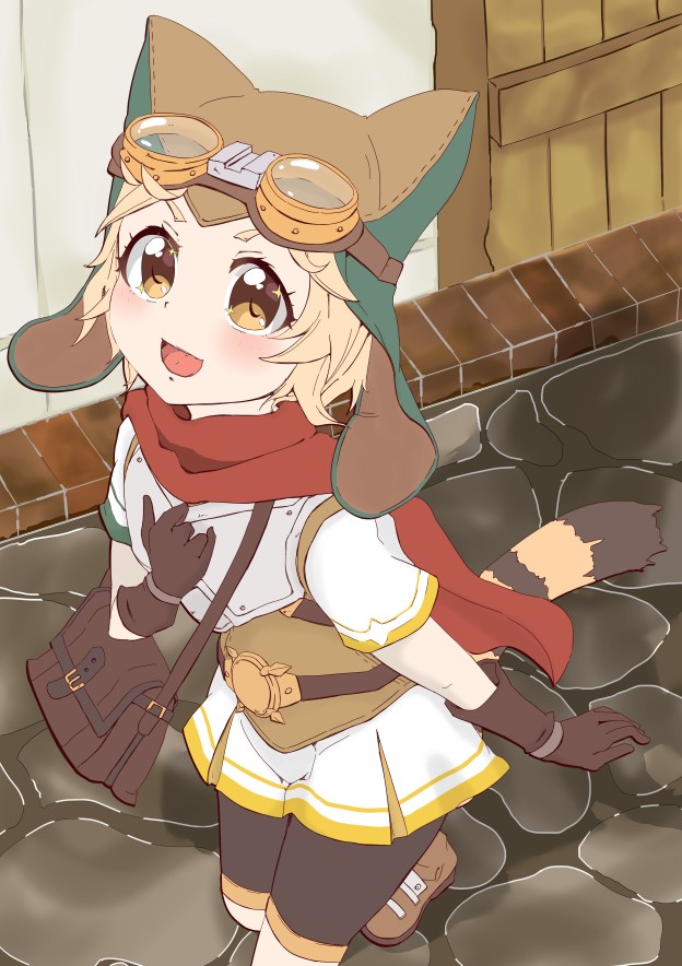 1girl, arm_at_side, bag, belt, bike_shorts, blonde_hair, blush, breastplate