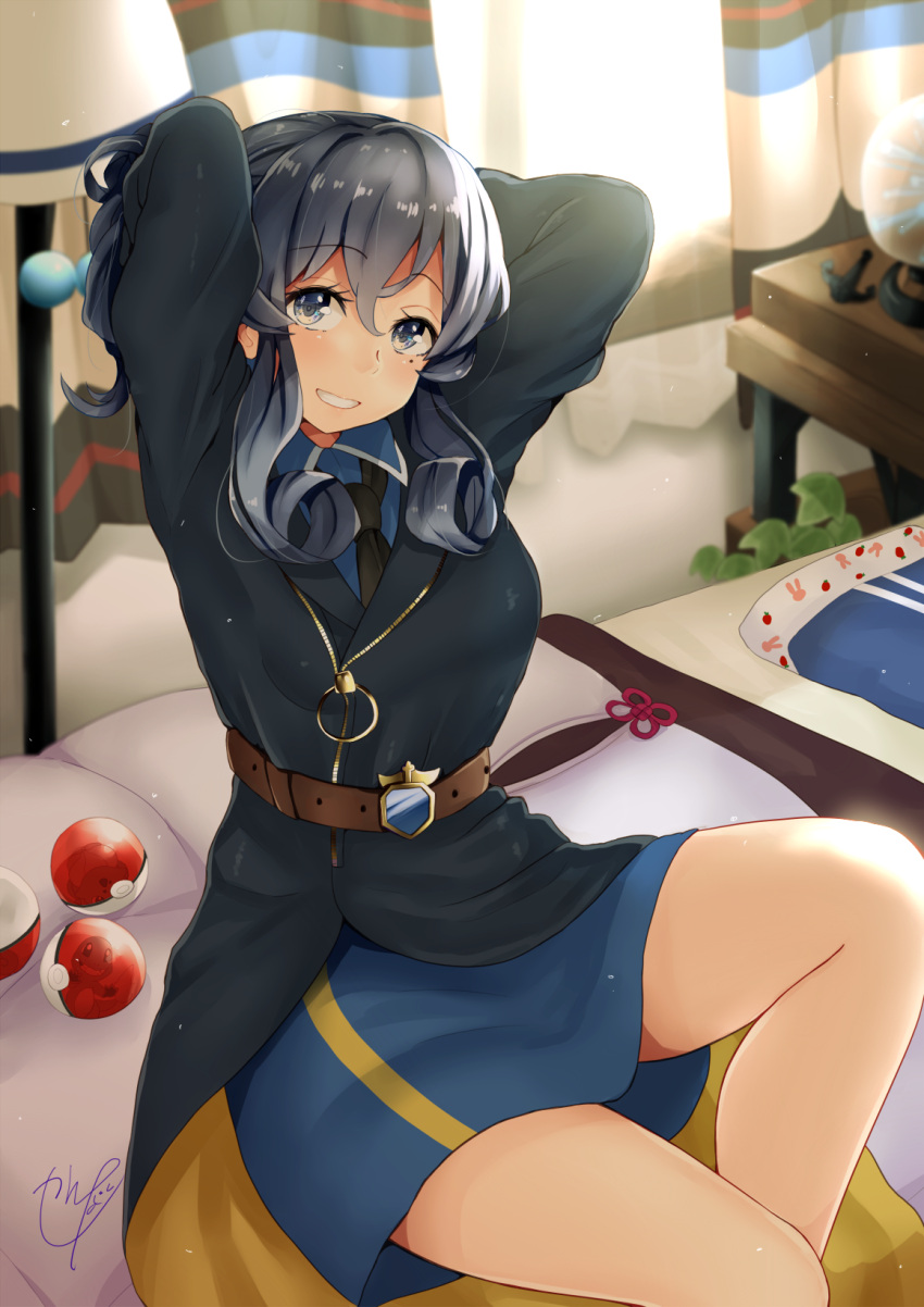 1girl, arms_behind_head, belt, black_neckwear, blue_eyes, blue_hair, blue_shirt, blue_skirt