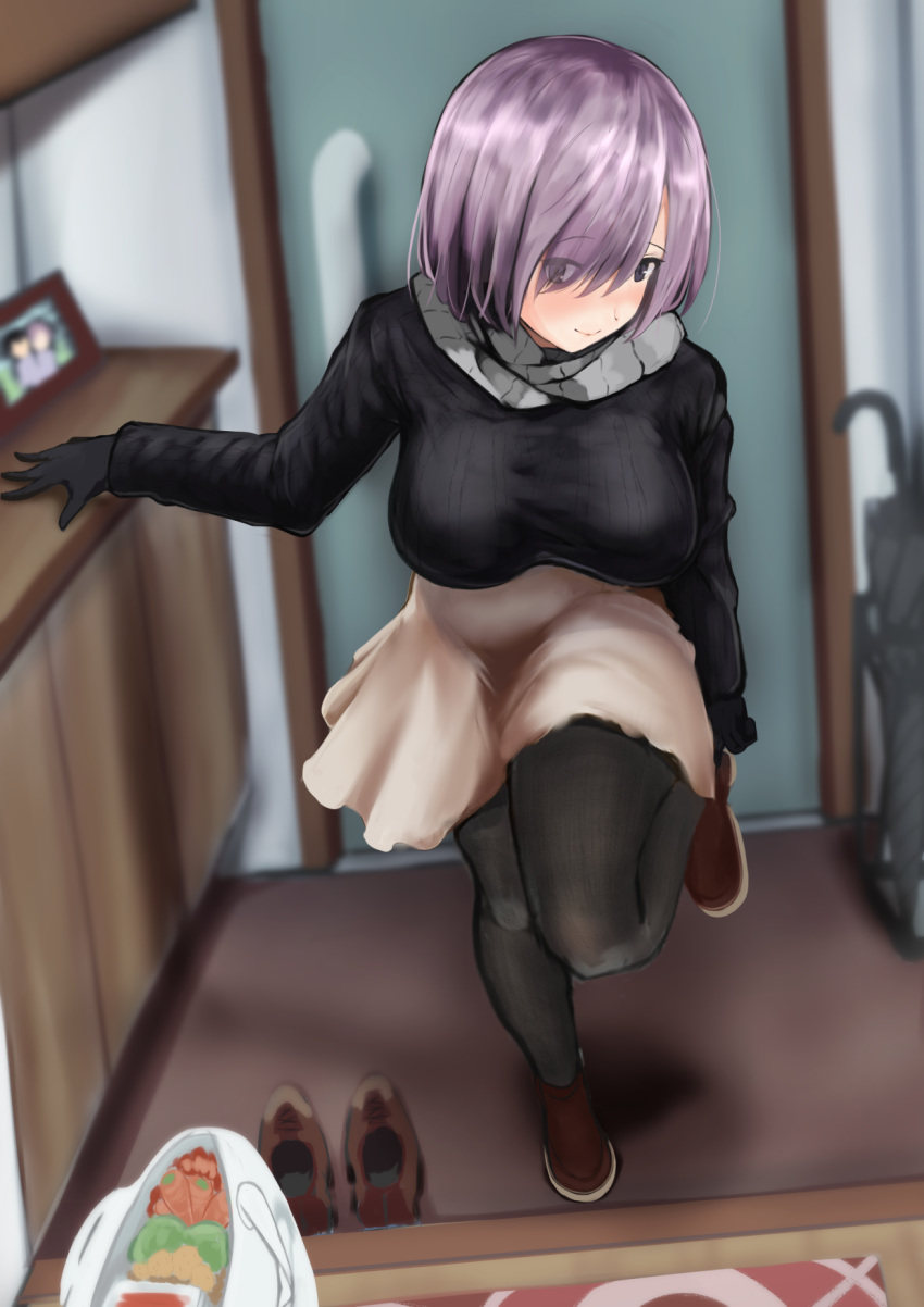 1girl, arm_support, bag, bending_forward, black_gloves, black_legwear, black_sweater, blurry