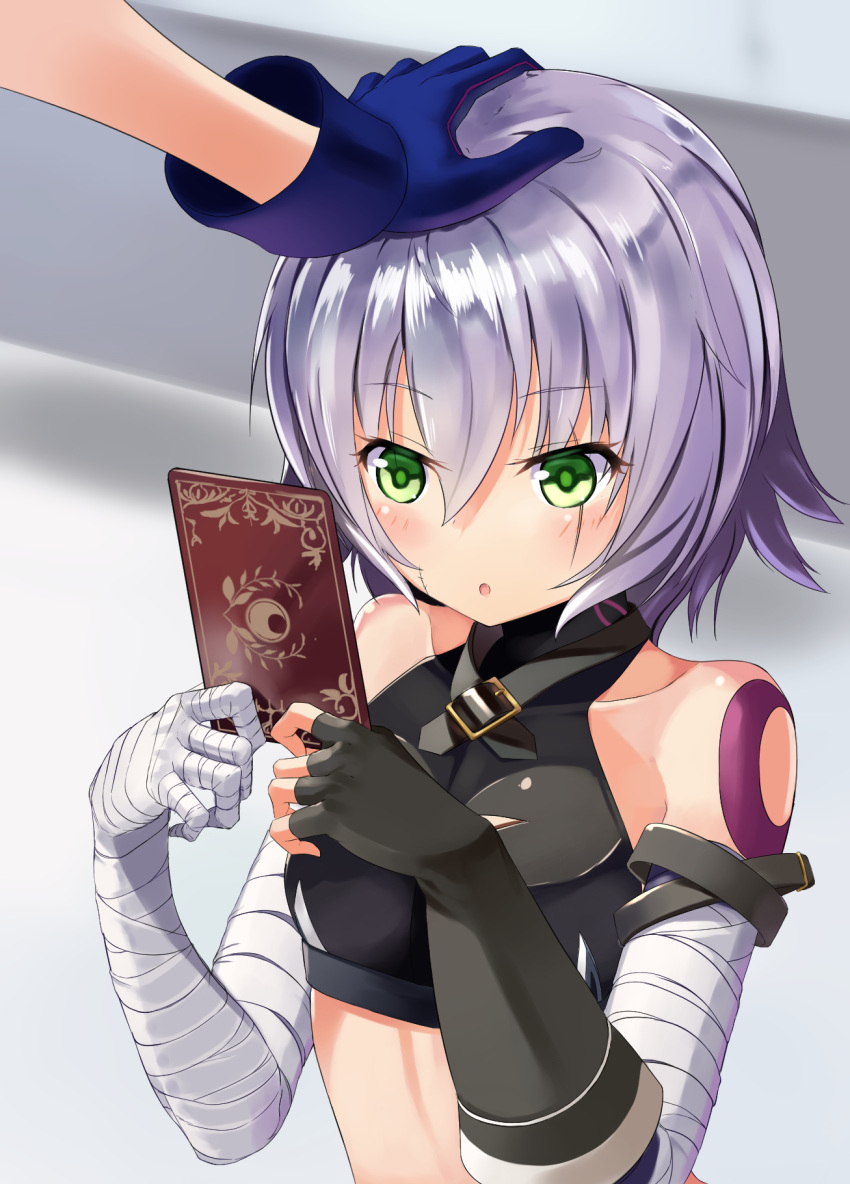 1girl, arm_belt, bandage, bandaged_arm, bandages, bare_shoulders, blue_gloves, breasts