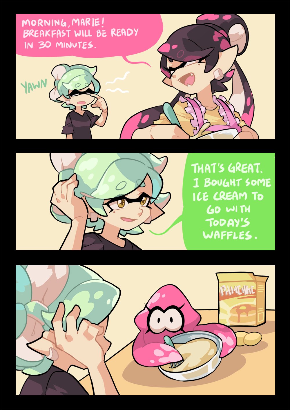 +_+, apron, batter, callie_(splatoon), casual, commentary, cousins, domino_mask
