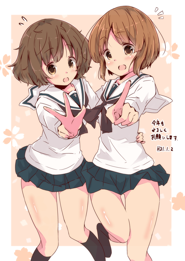akiyama_yukari, arm_around_waist, bangs, black_legwear, black_neckwear, blouse, brown_eyes, brown_hair