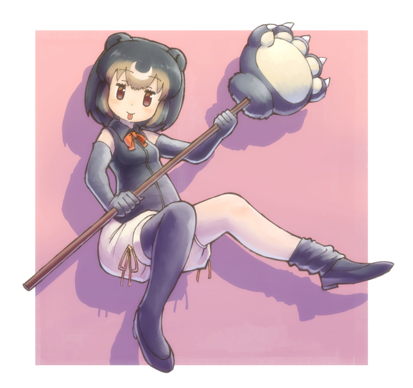 1girl, :p, bear_paw_hammer, black_footwear, black_gloves, black_hair, black_legwear, black_shirt