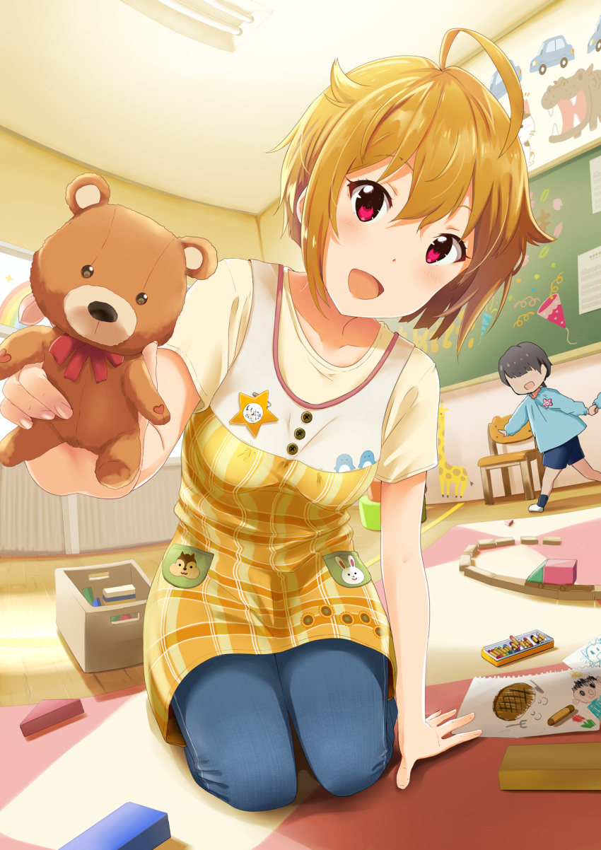 1boy, 1girl, :d, ahoge, arm_support, blue_pants, blush, brown_hair, chalkboard, child, denim, drawing, dress, eyebrows_visible_through_hair, hair_between_eyes, highres, ibuki_tsubasa, idolmaster, idolmaster_(classic), idolmaster_million_live!, indoors, jeans, kindergarten, kindergarten_teacher, kneeling, messy_hair, open_mouth, out_of_frame, pants, pants_under_dress, pink_eyes, pov, shiokazunoko, shirt, short_dress, short_hair, short_sleeves, smile, stuffed_animal, stuffed_toy, t-shirt, teddy_bear, toy
