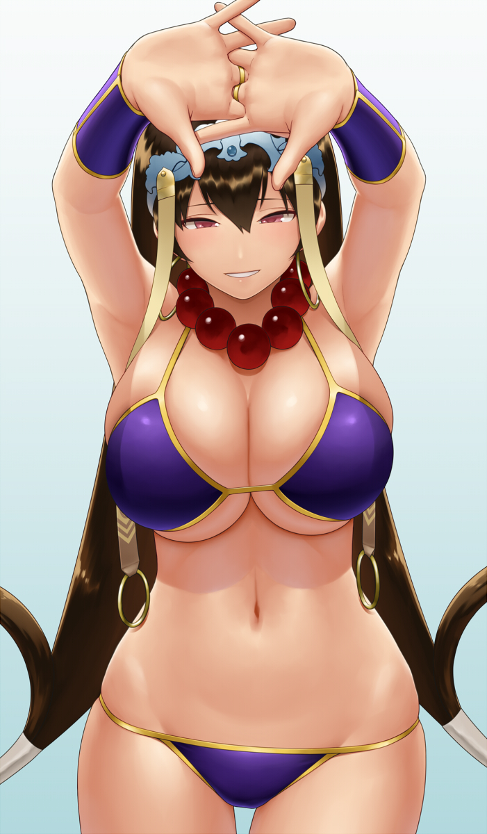 1girl, bangs, bare_shoulders, bead_necklace, beads, bikini, blue_background, blush, breasts, brown_hair, cleavage, collarbone, earrings, fate/grand_order, fate_(series), gonoike_biwa, gradient, gradient_background, hair_between_eyes, highres, hips, hoop_earrings, jewelry, large_breasts, long_hair, looking_at_viewer, low-tied_long_hair, navel, necklace, prayer_beads, purple_bikini, simple_background, solo, stretch, swimsuit, thighs, very_long_hair, violet_eyes, xuanzang_(fate/grand_order)