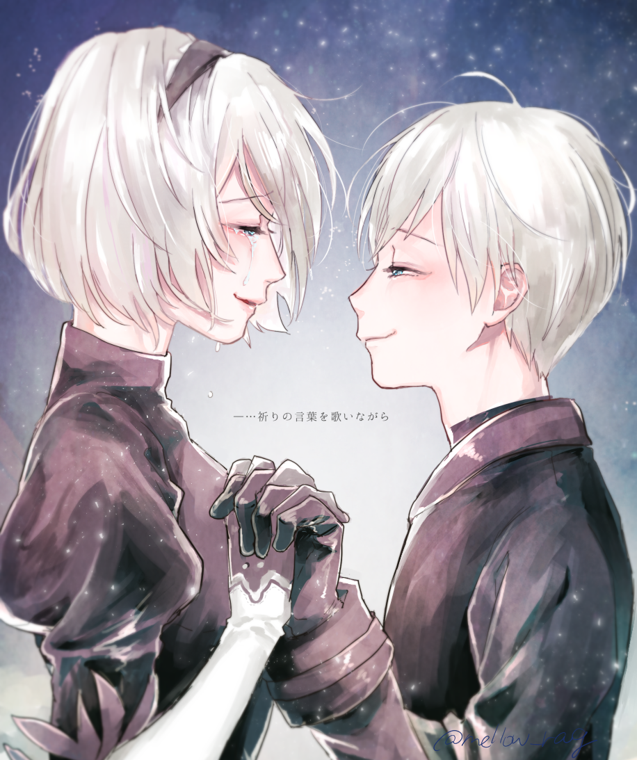 1boy, 1girl, arms_up, black_dress, black_gloves, black_hairband, black_shirt, closed_mouth
