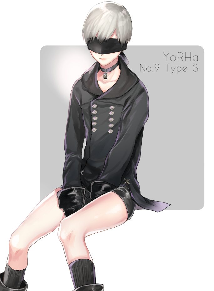 1boy, arms_between_legs, black_blindfold, black_choker, black_footwear, black_legwear, black_shirt, black_shorts