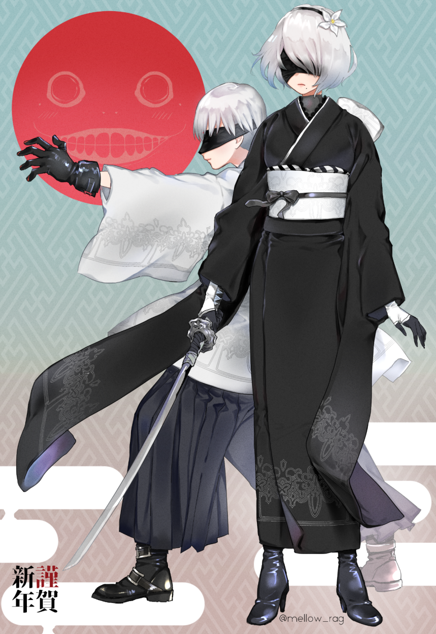 1boy, 1girl, arms_at_sides, artist_name, black_blindfold, black_footwear, black_gloves, black_hairband