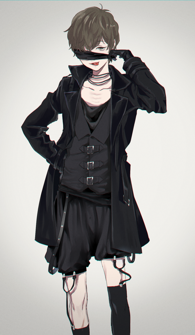 1boy, ahoge, alternate_hair_color, black_coat, black_legwear, black_shirt, black_shorts, blindfold_pull