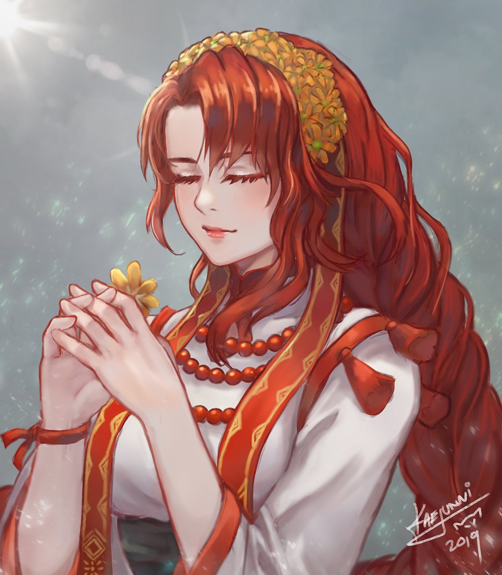 1girl, alternate_costume, braid, closed_eyes, dress, fire_emblem, fire_emblem:_souen_no_kiseki, flower, gloves, hair_flower, hair_ornament, kaejunni, long_hair, nintendo, redhead, simple_background, single_braid, smile, solo, tiamat_(fire_emblem)