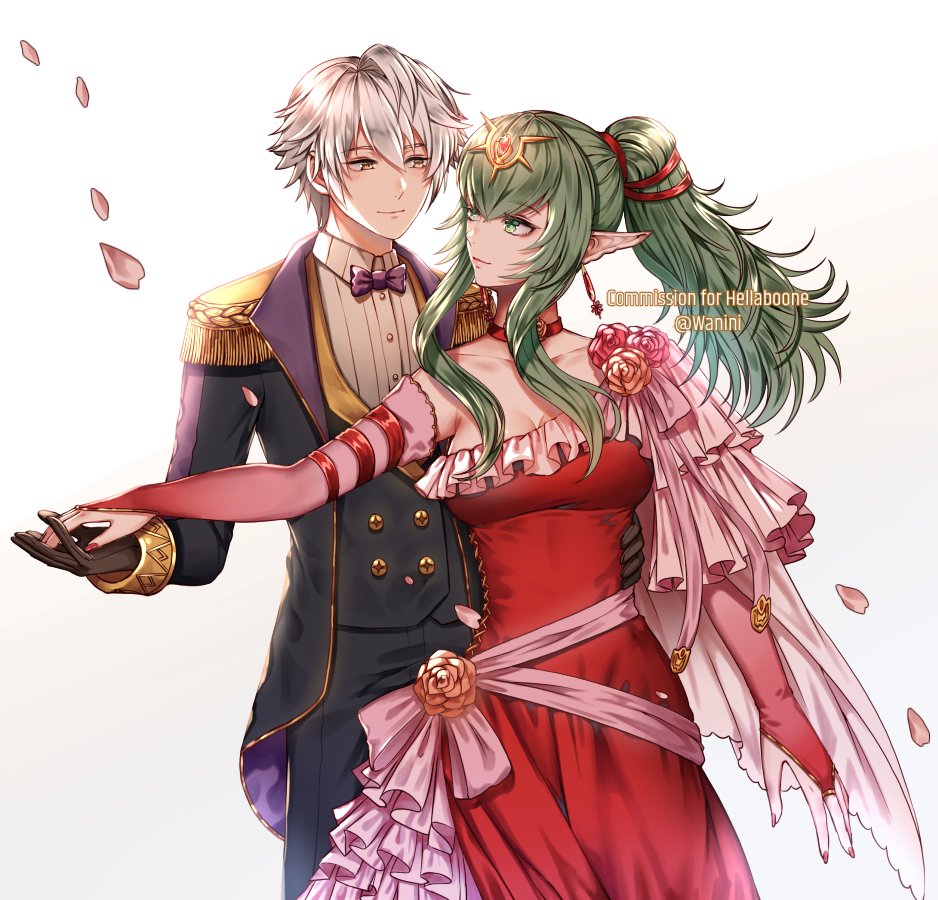 1boy, 1girl, bare_shoulders, blush, bracelet, breasts, cape, chiki