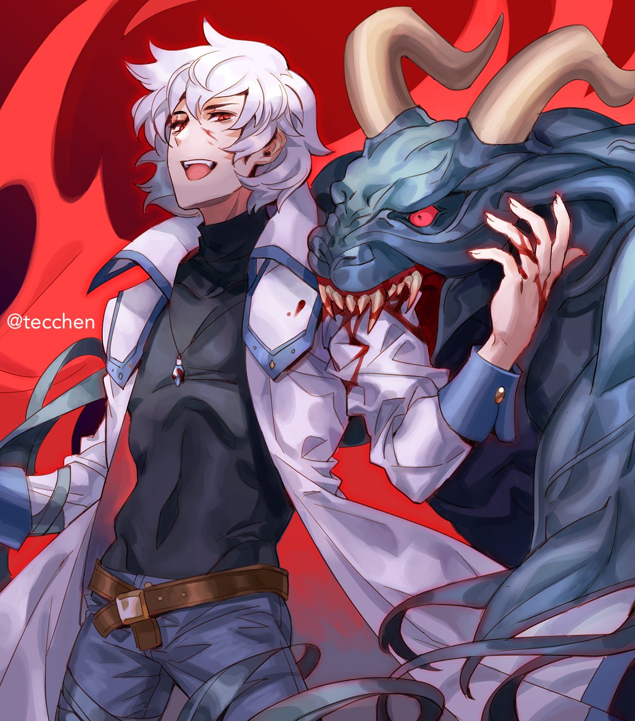 1boy, biting, blood, castlevania, castlevania:_aria_of_sorrow, castlevania:_dawn_of_sorrow, coat, demon, gloves, highres, horns, long_hair, looking_at_viewer, male_focus, monster, open_mouth, red_eyes, short_hair, simple_background, smile, solo, soma_cruz, tecchen, trench_coat, white_hair, wings