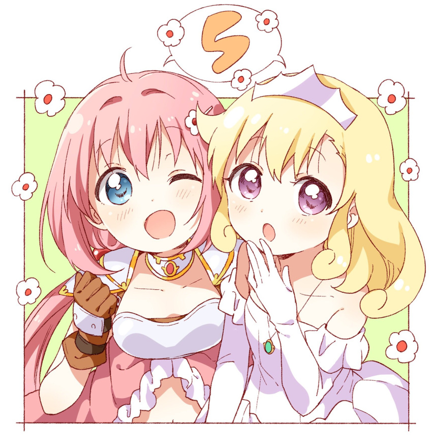 2girls, blonde_hair, blue_eyes, endro!, eyebrows_visible_through_hair, flower, gloves, hair_flower
