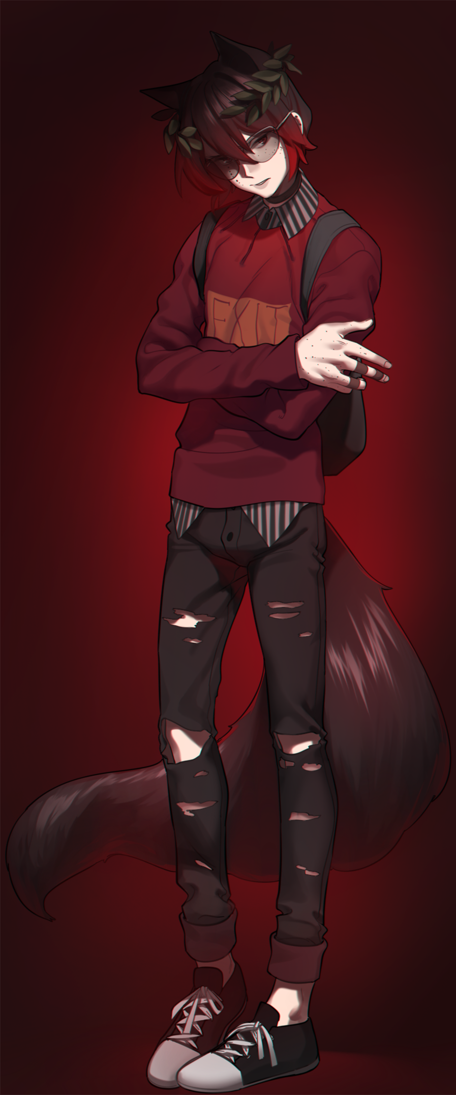 1boy, aconitea, animal_ears, arm_across_chest, backpack, bag, black_footwear, black_hair