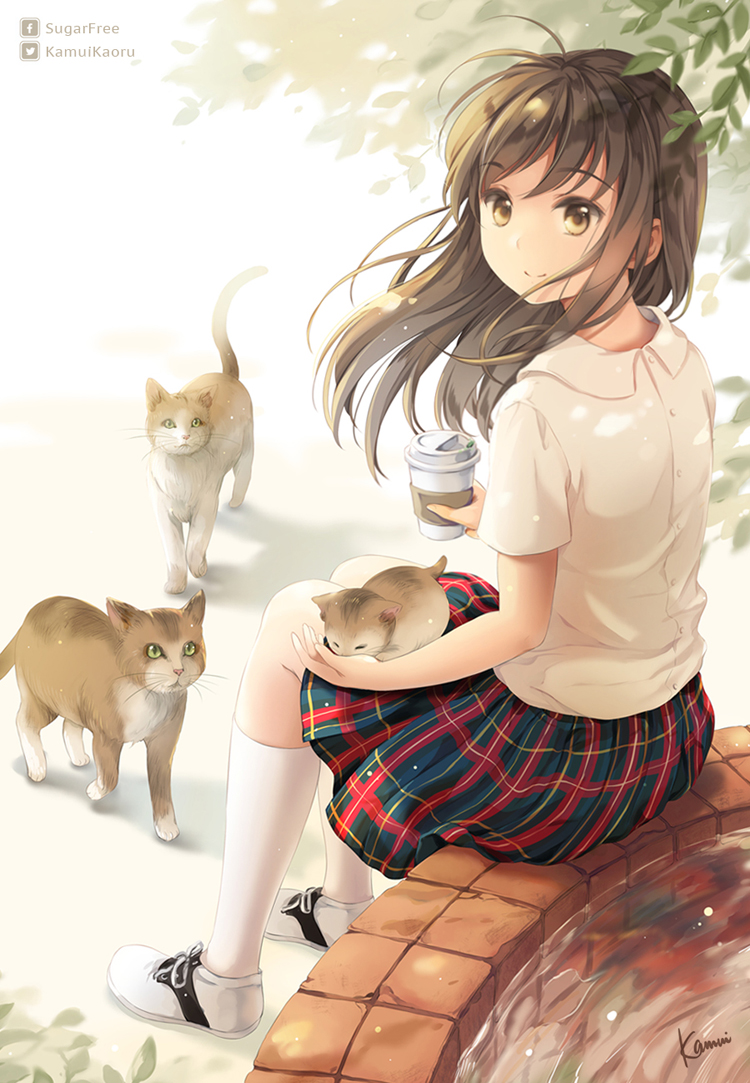 1girl, animal, artist_name, bare_arms, blue_skirt, brown_eyes, brown_hair, buttons