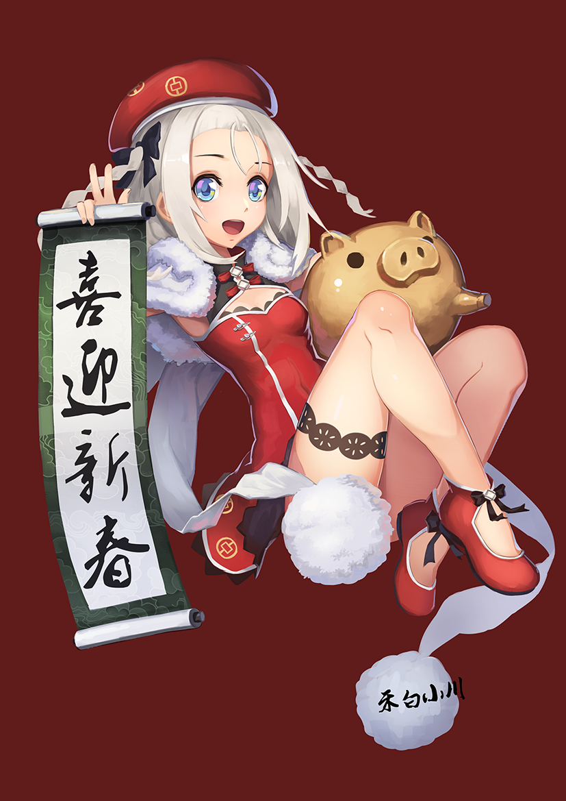 1girl, alternate_costume, beret, blue_eyes, breasts, china_dress, chinese_clothes, commentary_request