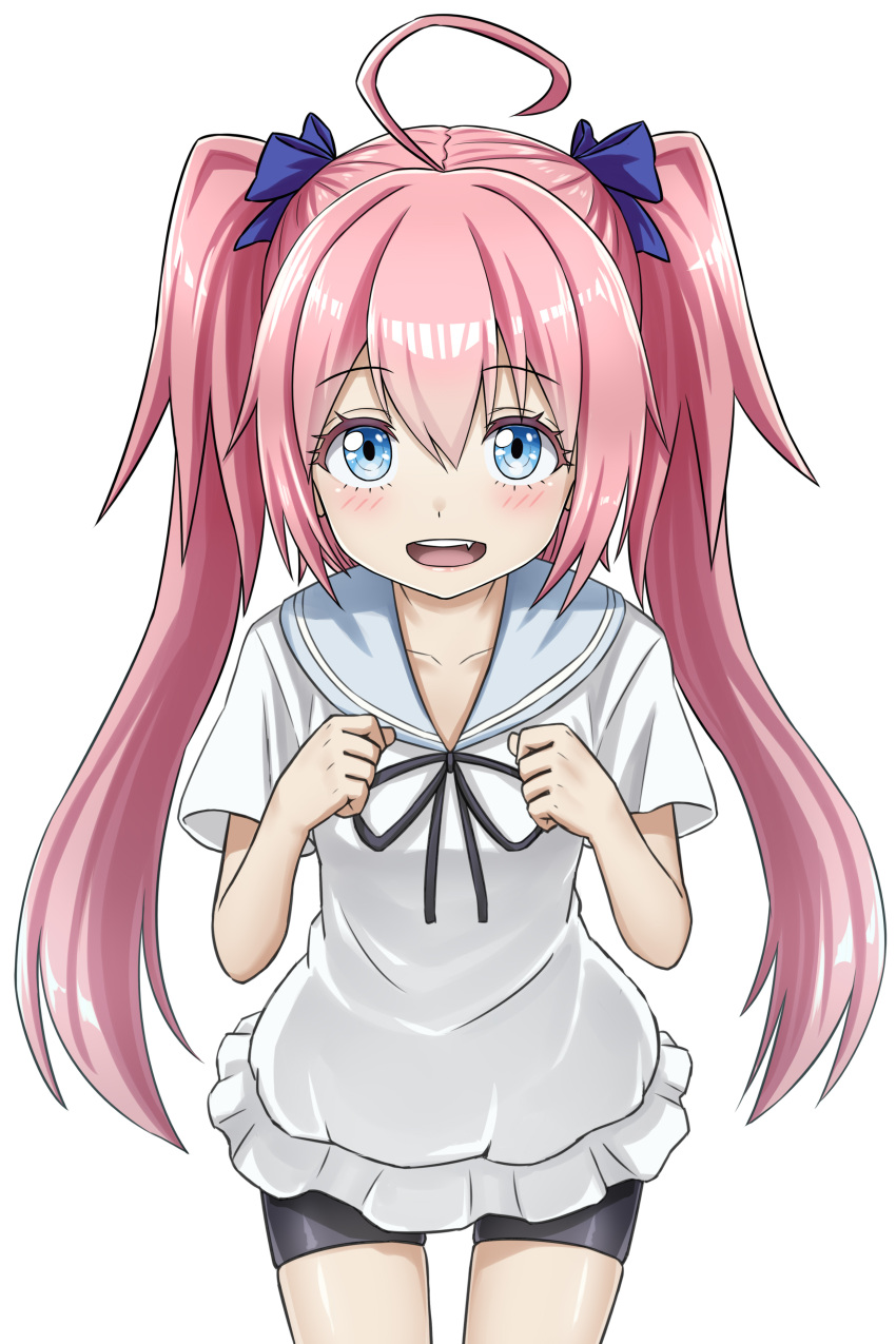 1girl, :d, absurdres, ahoge, bangs, black_ribbon, black_shorts, blue_bow