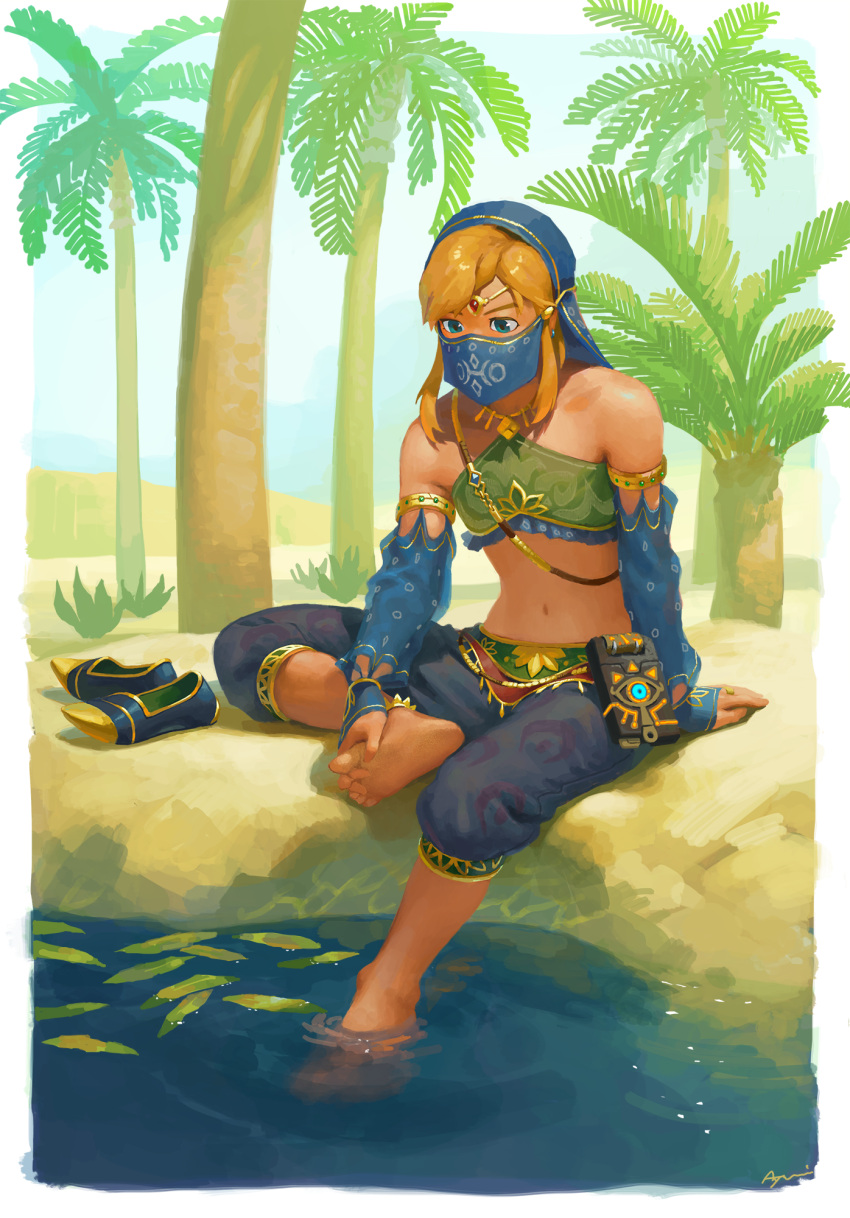 1boy, alternate_costume, arm_support, ayumi_(830890), bare_shoulders, barefoot, blonde_hair, blue_eyes, bridal_gauntlets, circlet, crossdressinging, desert, detached_sleeves, feet, gerudo_link, highres, link, looking_down, navel, nintendo, otoko_no_ko, palm_tree, plant, sheikah_slate, shoes_removed, sitting, soaking_feet, solo, stomach, strap, the_legend_of_zelda, the_legend_of_zelda:_breath_of_the_wild, toes, tree, veil, water