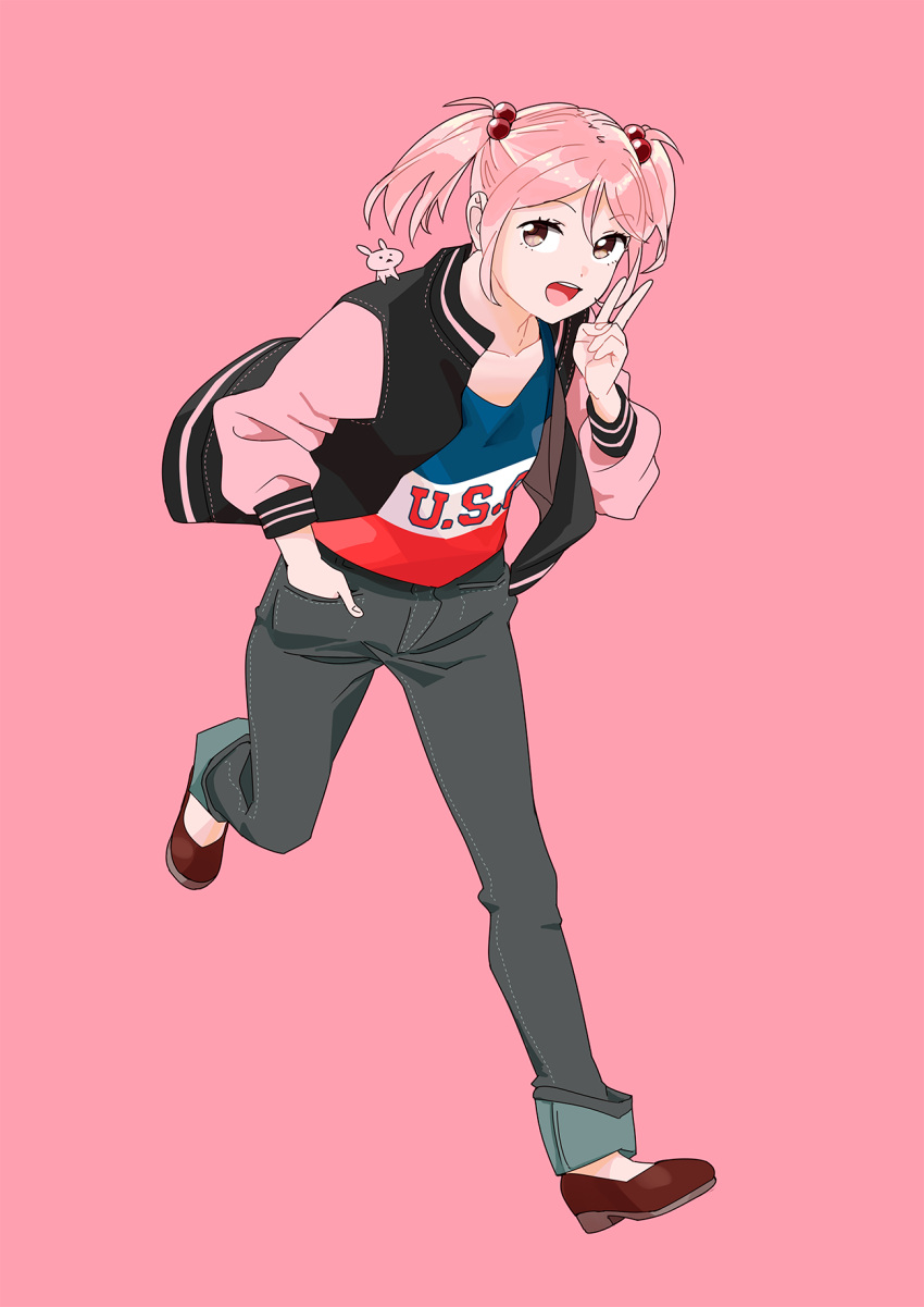 1girl, alternate_costume, black_pants, bunny_on_shoulder, full_body, hair_bobbles, hair_ornament, hand_in_pocket