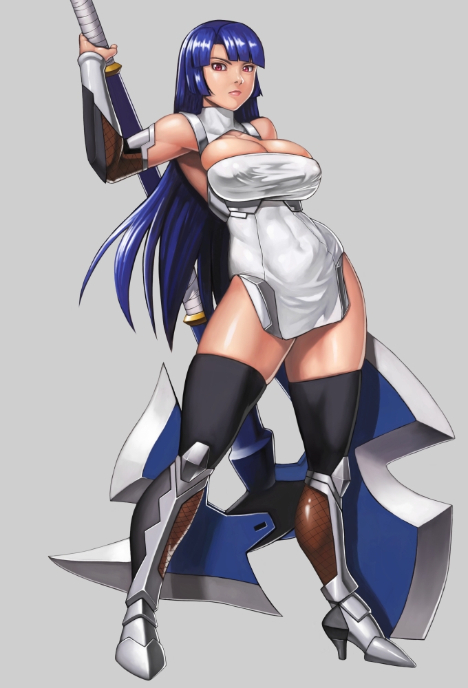 1girl, axe, bad_anatomy, bangs, battle_axe, black_legwear, blue_hair, blunt_bangs