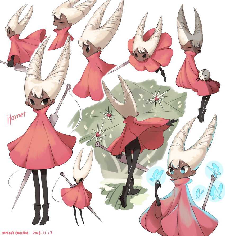 1girl, absurdres, bodysuit, boots, bug, butterfly, cloak, dark_skin