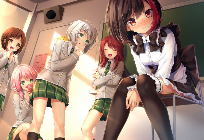+_+, 5girls, :d, :o, ^_^, afterglow_(bang_dream!), against_wall, alternate_costume