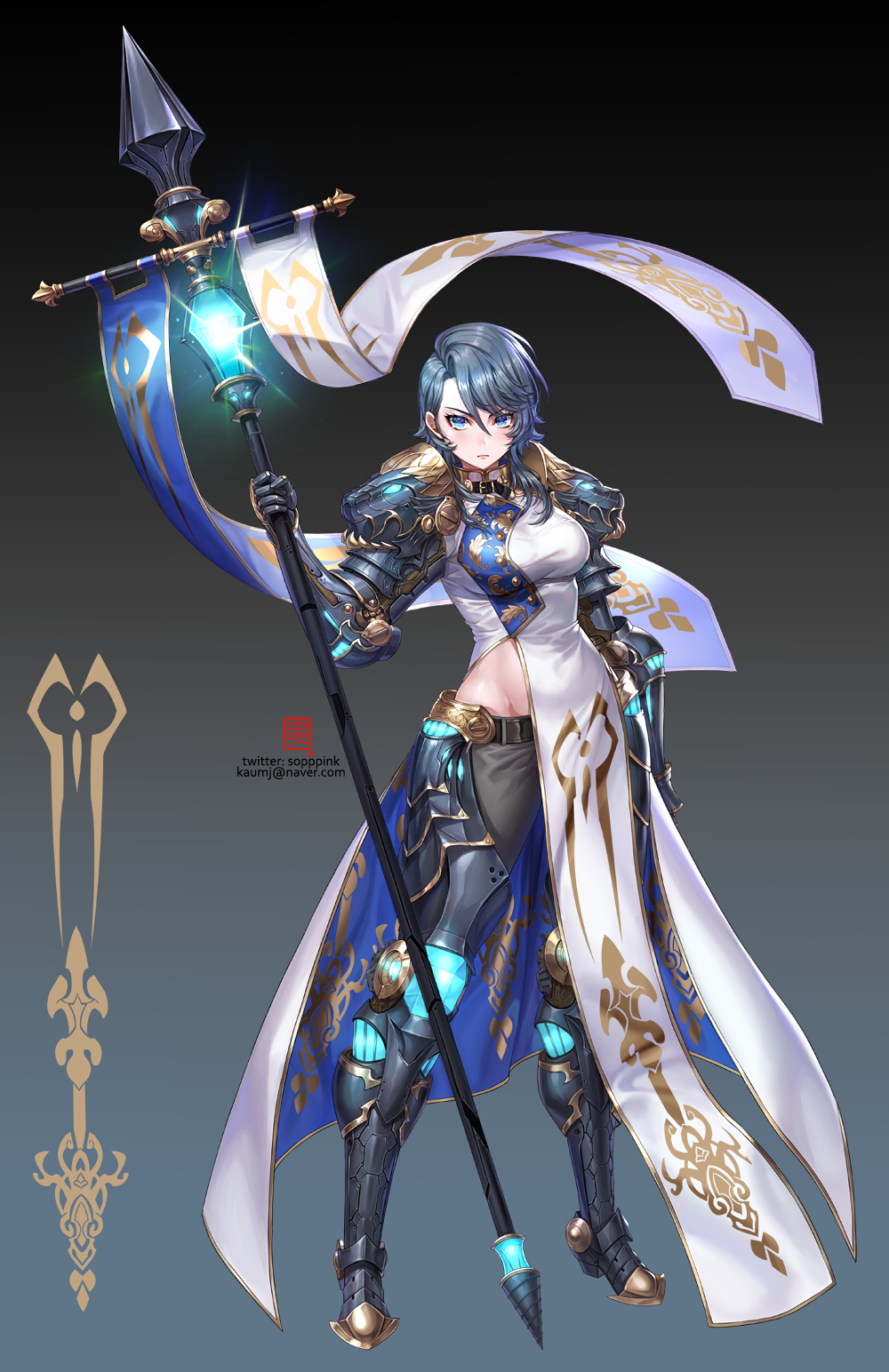 1girl, armor, armored_boots, asymmetrical_bangs, asymmetrical_clothes, asymmetrical_hair, bangs, banner, blue_eyes, blue_hair, boots, box_(hotpppink), contrapposto, crystal, full_body, gauntlets, glowing_crystal, gold_trim, highres, hip_bones, knight, looking_at_viewer, original, pants, pelvic_curtain, serious, shoulder_armor, simple_background, solo, tsurime, vambraces, waist_cape