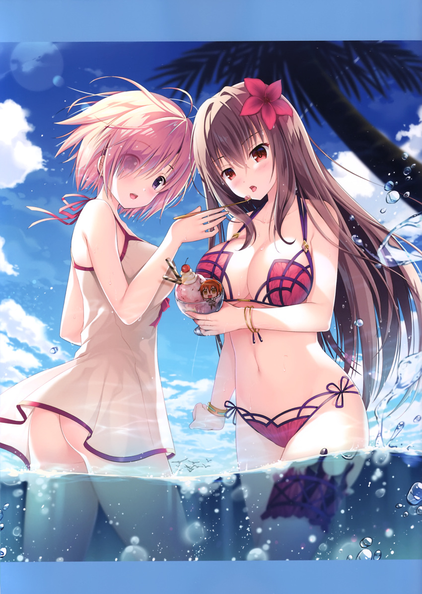 3girls, absurdres, anima, ass, bangs, bare_shoulders, bikini, bird