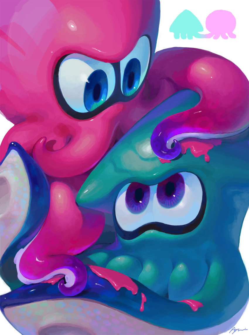 2others, animal, ayumi_(830890), blue_eyes, eye_contact, green_skin, highres, ink, inkling, looking_at_another, multiple_others, nintendo, no_humans, octoling, octopus, pink_skin, sea_creature, signature, simple_background, splatoon, splatoon_(series), splatoon_2, squid, suction_cups, tentacle, violet_eyes, white_background