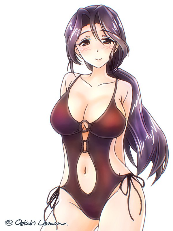 1girl, arms_behind_back, breasts, brown_hair, center_opening, cleavage, cowboy_shot, eyebrows_visible_through_hair, girls_und_panzer, grey_eyes, large_breasts, long_hair, multicolored_hair, navel, oekaki_lemon, piyotan, ponytail, purple_hair, solo, standing, swimsuit, twitter_username, violet_eyes, white_background