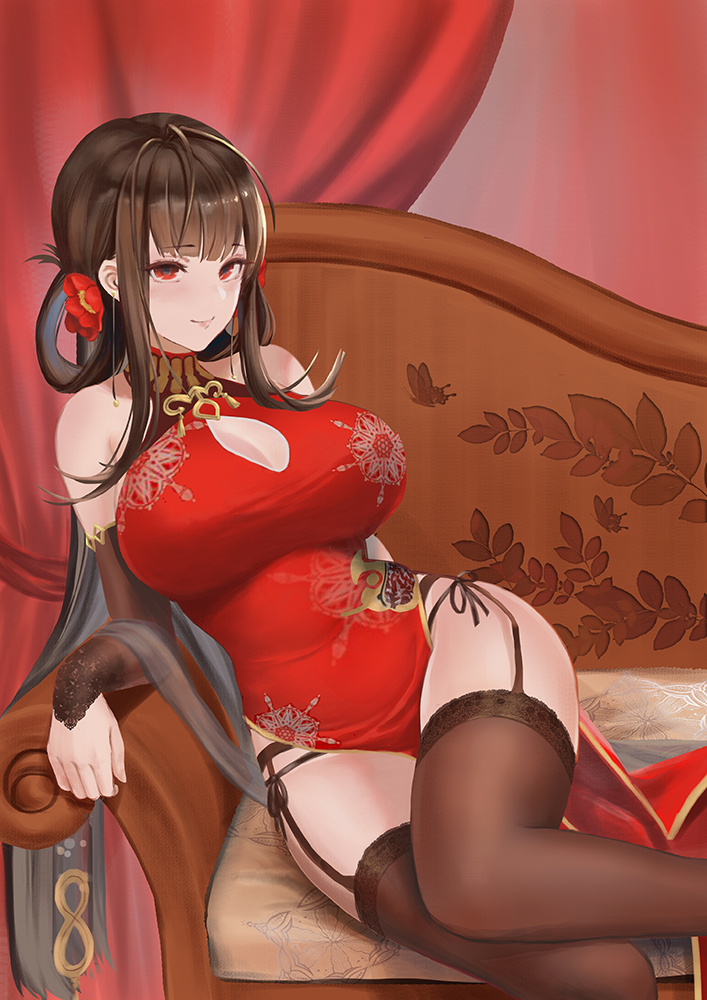 1girl, alternate_costume, bare_shoulders, breasts, brown_hair, china_dress, chinese_clothes, chinese_commentary, cleavage, cleavage_cutout, commentary_request, couch, dress, dsr-50_(girls_frontline), elbow_gloves, fingerless_gloves, flower, garter_belt, garter_straps, girls_frontline, gloves, hair_flower, hair_ornament, hair_rings, large_breasts, olin_(nienxddd), panties, reclining, red_eyes, side-tie_panties, solo, thigh-highs, underwear