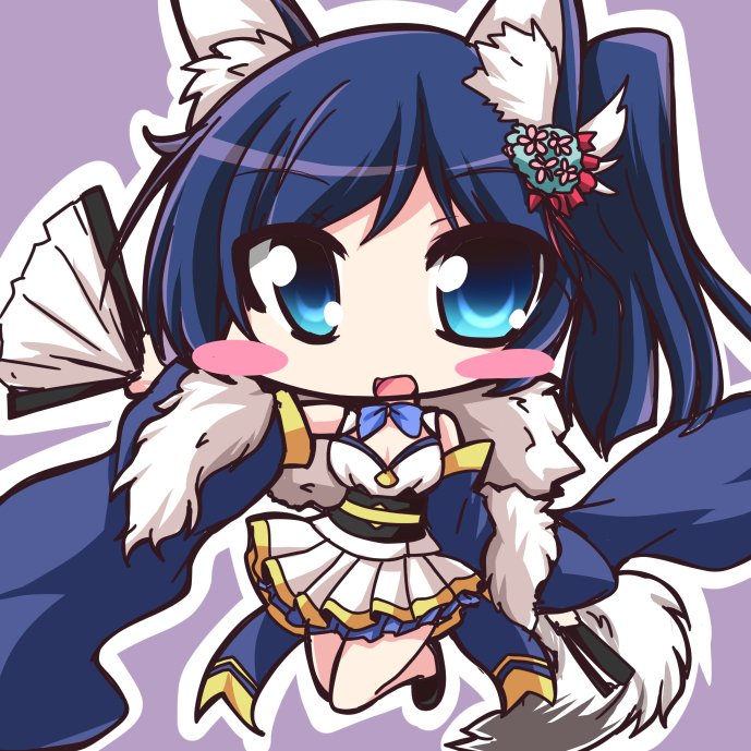 1girl, animal_ears, azur_lane, bangs, bare_legs, bare_shoulders, black_footwear, blue_eyes, blue_hair, blue_sleeves, blush, cat_ears, chibi, commentary_request, detached_sleeves, dress, eyebrows_visible_through_hair, fan, folding_fan, geo_(yukishitadou), hair_ornament, holding, holding_fan, jintsuu_(azur_lane), looking_at_viewer, one_side_up, pleated_dress, solo, swept_bangs, white_dress