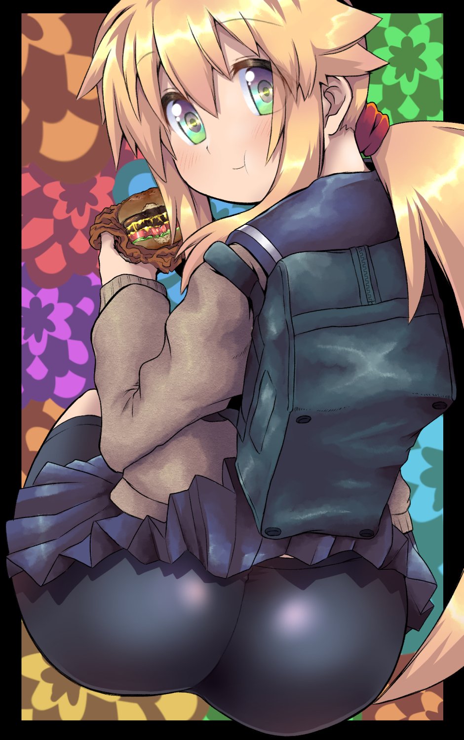 1girl, ass, backpack, bag, bangs, bike_shorts, blonde_hair, eating, eyebrows_visible_through_hair, food, from_behind, green_eyes, hairband, hamburger, highres, koshirae_tsurugi, long_hair, looking_at_viewer, looking_back, m.m, ponytail, school_uniform, serafuku, shorts, shorts_under_skirt, sitting
