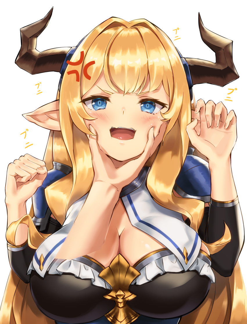 1girl, absurdres, anger_vein, angry, blonde_hair, blue_eyes, blush, breasts